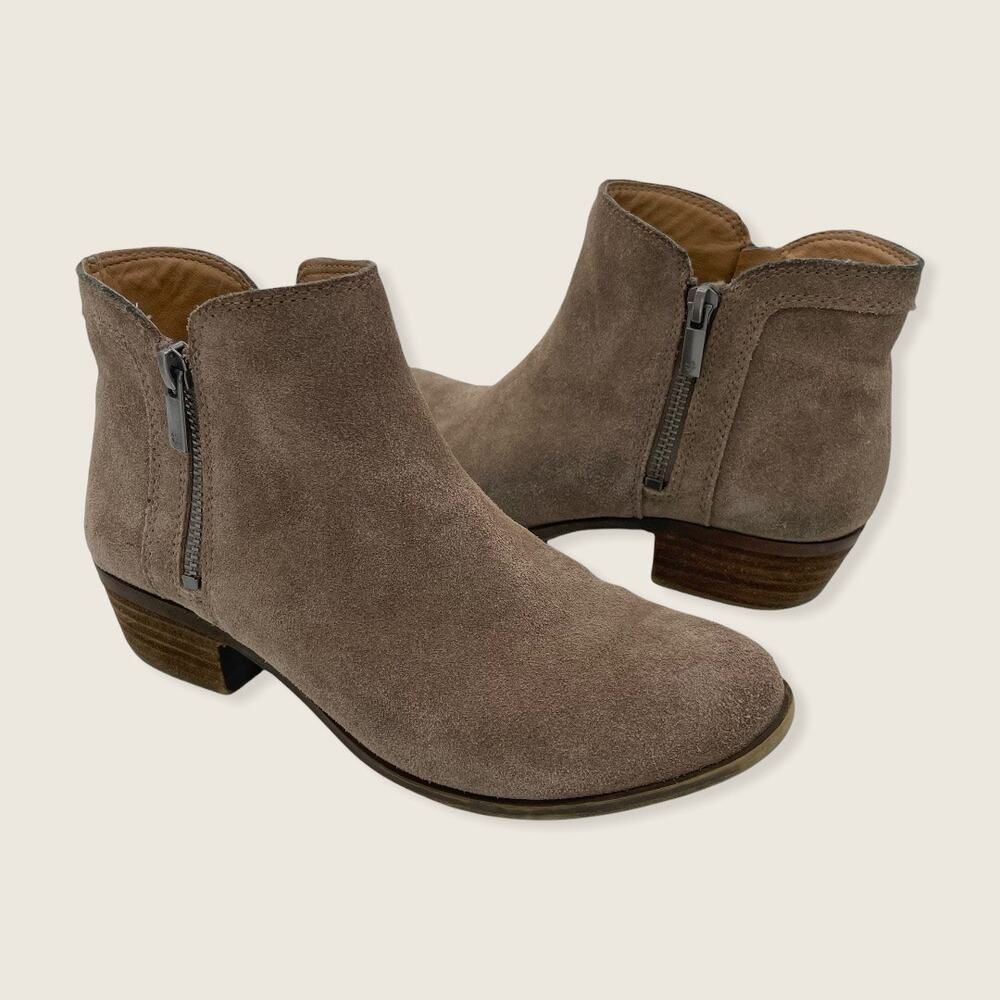 Lucky Brand Breah Double Zipper Low 2" Stacked Heel Brown Suede Ankle Boot 7